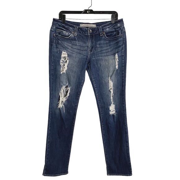 Refuge Skinny Slim Denim Jeans Womens Jrs Size 11 Darker Blue Distressed Stretch - Picture 1 of 11